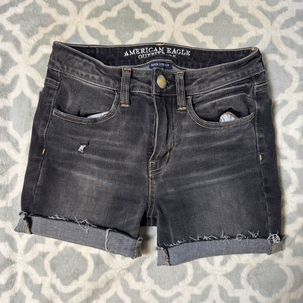 American Eagle Black Hi Rise Cutoff Denim Shorts Womens 2 Distressed Stretch Raw